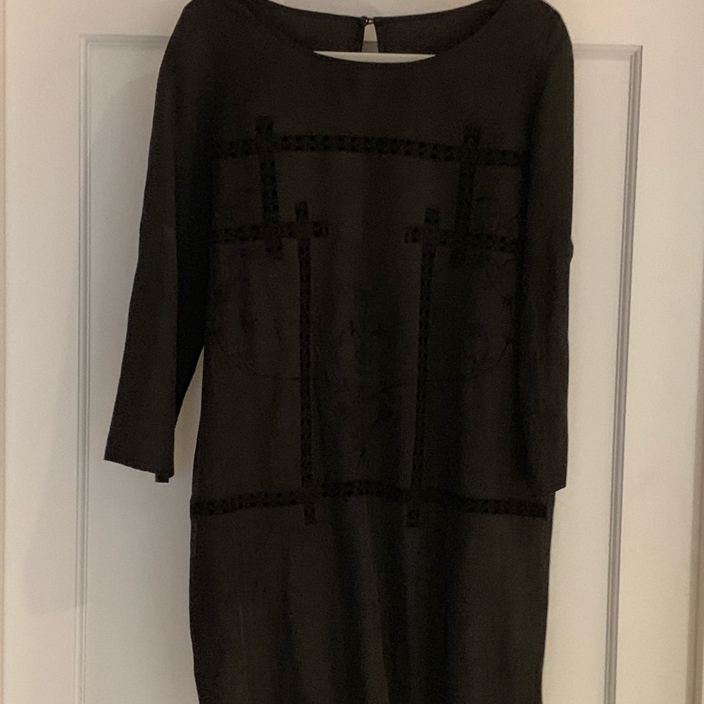 Silk/linen blend dress with crochet detailing.